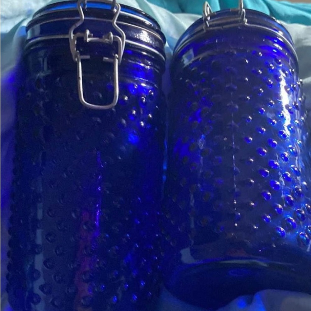 vintage colbalt blue hobnail canasters set of two
